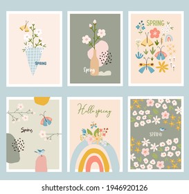 Scandinavian boho spring set card with spring flowers, flowering branches, birds and butterflies. Good for poster, card, invitation, flyer, banner, placard, brochure. Vector illustration.