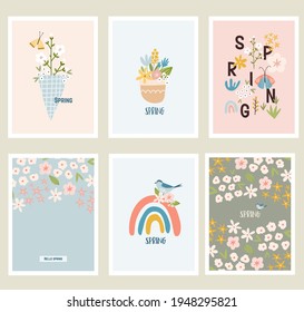 Scandinavian boho spring set card with spring flowers, flowering branches, birds and butterflies. Good for poster, card, invitation, flyer, banner, placard, brochure. Vector illustration.