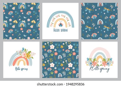 Scandinavian boho spring set card with spring flowers, flowering branches, birds and butterflies. Good for poster, card, invitation, flyer, banner, placard, brochure. Vector illustration.