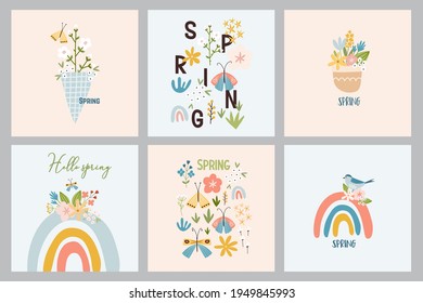 Scandinavian Boho Spring Set Card With Spring Flowers, Flowering Branches, Birds And Butterflies. Good For Poster, Card, Invitation, Flyer, Banner, Placard, Brochure. Vector Illustration.