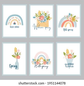 Scandinavian boho spring set card with spring flowers, flowering branches, birds and butterflies. Good for poster, card, invitation, flyer, banner, placard, brochure. Vector illustration.