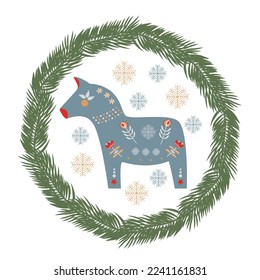Scandinavian Branches of Fir Trees Wreath ornament with Dala horse. Vector illustration