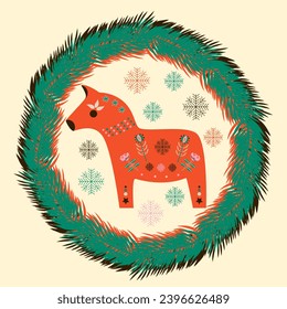 Scandinavian Branches of Fir Trees Wreath ornament with Dala horse. Vector illustration