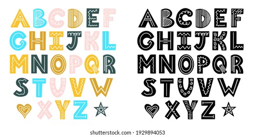 Scandinavian bright and black and white alphabet. Font design in the Scandinavian style. Simple vector alphabet for postcards, posters, prints, T-shirts. Alphabet for kids. Heart and star.
