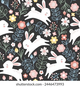 Scandinavian bunny and floral seamless print background. Cute spring easter rabbit pattern design for nursery posters postcards. Vector illustration.