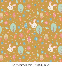 Scandinavian bunny and floral seamless print background. Cute spring rabbit pattern design for nursery posters postcards. Vector illustration.