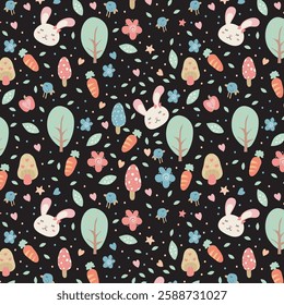 Scandinavian bunny and floral seamless print background. Cute spring rabbit pattern design for nursery posters postcards. Vector illustration.
