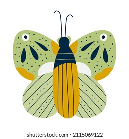 Scandinavian butterfly isolated. Insect with green wings and dots. Flat vector illustration. Butterfly for kids design. Vector hand drawn trendy cartoon illustration