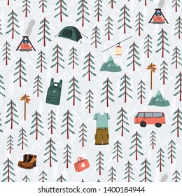 Scandinavian camping theme seamless doodle hand drawn pattern with mountains, fir trees, van and campfire. Stock vector