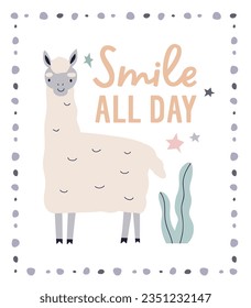 Scandinavian card, cute baby animal and inspiration phrase. Funny happy smiling llama and motivation quote, text. Postcard background design in Scandi style. Kids childish flat vector illustration