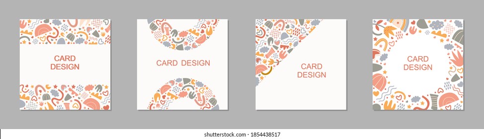 Scandinavian cards set , flyer template with hand drawn abstract shapes on white background. Trendy graphic design of vector frames, borders with copy space