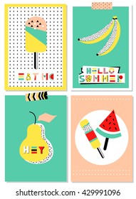 Scandinavian cards set. Summer posters with pear, watermelon, banana, ice cream. Unusual font. Template for  stickers, planner, diary, Vector. Notes,Invitations. 80-90s fashion style 