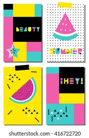 Scandinavian cards vector set. Summer posters with watermelon, carambola. Unusual font. Template for Greeting Cards, Stickers, Planner, Diary, Notes,Invitations. 80-90s fashion style