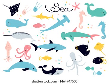 Scandinavian cartoon collection of  drawings on the theme of sea animals  - stingray; jellyfish; fish; fish sword; narwal; squid; calamary; dolphin; octopus; hammerhead shark; shark; whale; starfish. 