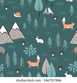 Scandinavian cartoon seamless pattern with hares, foxes trees, mushrooms, and mountains. Cute background for kids, fabric, clothes design, bed linen, wallpaper, scrapbooking