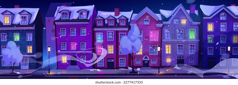 Scandinavian cartoon snow night city illustration. Vector town house and road illustration of denmark exterior cityscape. Winter wind on dark street building panorama view. Sweden town district facade