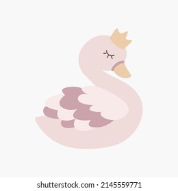 Scandinavian cartoon swan in pastel colors. Hand drawn vector element for nursery decoration, baby shower, party, poster, invitation, postcard
