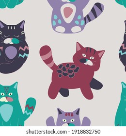 Scandinavian Cat Seamless Pattern on light grey background. Perfect for scrapbooking, fabric, wrapping paper and other surface design