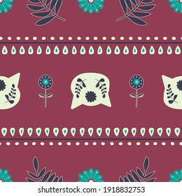 Scandinavian Cat Seamless Pattern on maroon background with flower ornaments. Perfect for scrapbooking, fabric, wrapping paper and other surface design
