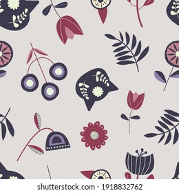 Scandinavian Cat Seamless Pattern on light grey background with flower elements. Perfect for scrapbooking, fabric, wrapping paper and other surface design