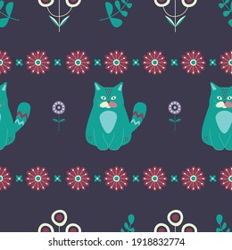 Scandinavian Cat Seamless Pattern on mauve background with flower ornaments. Perfect for scrapbooking, fabric, wrapping paper and other surface design