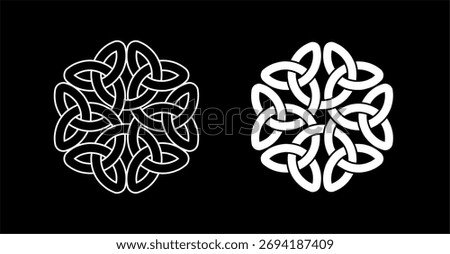 Scandinavian Celtic ornament Viking circle in the glory of Odin drawn in white on a black background vector endless seamless pattern. Nordic mythology, runic symbols, ancient sacred geometry pagan art