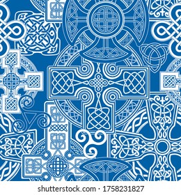 Scandinavian Celtic seamless wallpaper . Elegant monochrome patterns of celtic crosses and ethnic patterns of druids for textile print and men's design