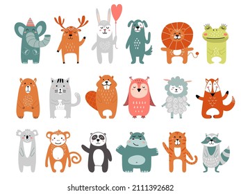 Scandinavian characters. Art african and forest animals. Piccolo lion, rabbit, frog and bear. Wild woodland animal. Nursery elements nordic style classy vector clipart