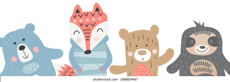 Scandinavian child design - bear, fox and lazy sloth on white background. Kids illustration for nursery poster, t-shirt, apparel, greeting card. Vector clipart. Best friends concept.