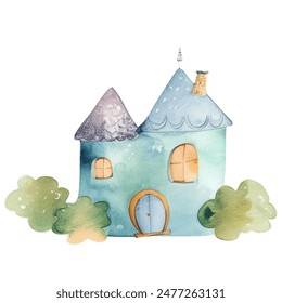 Scandinavian childish house. Fairy houses. Cute watercolor castle. Watercolor, palace, kingdom. 