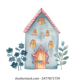 Scandinavian childish house. Fairy houses. Cute watercolor castle. Watercolor, palace, kingdom. 