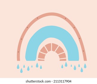 Scandinavian childish illustrations with abstract pastel color rainbow. Doodle vector stock illustration. Vintage pastel colors with rain, water drops, isolated hand drawn rainbow