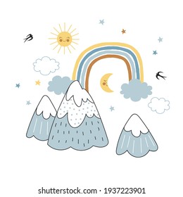 Scandinavian childish landscape drawing with mountains rainbow sun moon. Cute pre made nature scene view vector illustration Nursery poster design