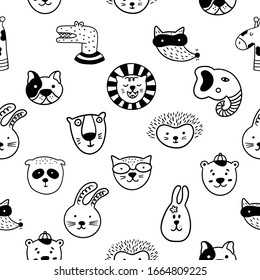 Scandinavian childish seamless pattern with cute animal faces on a white background. Can be used for wallpaper, wrapping, textile, fabric. 