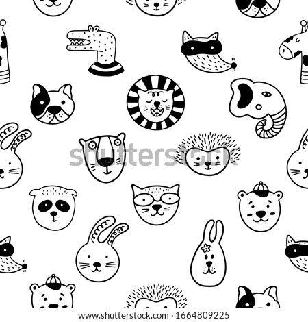 Scandinavian childish seamless pattern with cute animal faces on a white background. Can be used for wallpaper, wrapping, textile, fabric. 