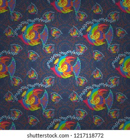 Scandinavian Childish texture for fabric, textile, printing. Vector background in violet, blue and orange colors. Seamless pattern with cartoon fishes.