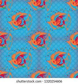 Scandinavian Childish texture for fabric, textile, printing. Vector background in magenta, blue and orange colors. Seamless pattern with cartoon fishes.
