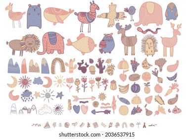 Scandinavian childrens elements. cute kids boho elements doodle plants, animals,fruits, mountains, rainbow vector set. 