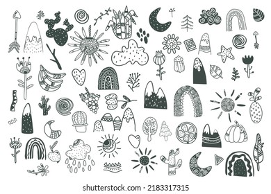 Elementos infantiles escandinavos. Plantas de doodle al estilo escandés, animales, frutas, montañas, conjunto de vectores arcoiris. 