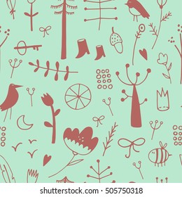 Scandinavian children's pattern with birds and plants can be used for wallpapers, pattern fills, web page backgrounds, surface textures.