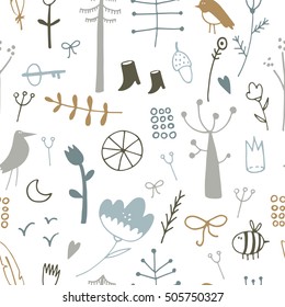 Scandinavian children's pattern with birds and plants can be used for wallpapers, pattern fills, web page backgrounds, surface textures.