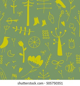 Scandinavian children's pattern with birds and plants can be used for wallpapers, pattern fills, web page backgrounds, surface textures.