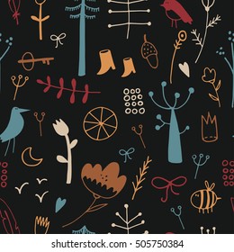 Scandinavian children's pattern with birds and plants can be used for wallpapers, pattern fills, web page backgrounds, surface textures.