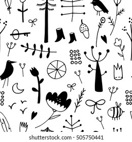 Scandinavian children's pattern with birds and plants can be used for wallpapers, pattern fills, web page backgrounds, surface textures.