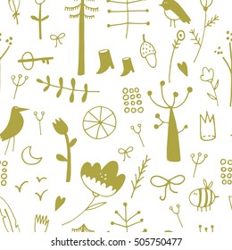 Scandinavian children's pattern with birds and plants can be used for wallpapers, pattern fills, web page backgrounds, surface textures.