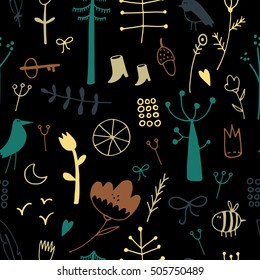 Scandinavian children's pattern with birds and plants can be used for wallpapers, pattern fills, web page backgrounds, surface textures.