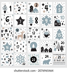 Scandinavian Christmas - Advent calendar. Winter clipart - Snowflakes, stars, houses, tree. Happy Holidays