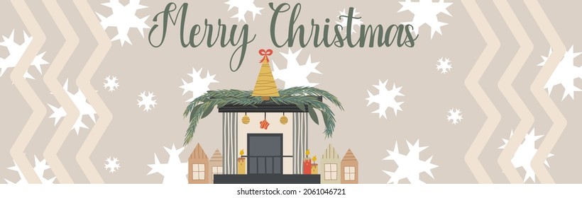 Scandinavian Christmas background and inscription Merry Christmas with tree and fireplace with house. Banner or postcard for congratulations on the winter holiday. Vector illustration in flat style