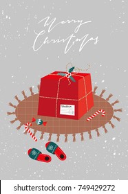  Scandinavian Christmas card. Gift box. Template for Greeting, Congratulations, Invitations, Stickers, Planners. Vector illustration.  Happy New Year Poster.