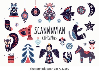 Scandinavian Christmas collection with ornamental traditional elements isolated on white